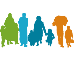 A graphic of migrants walking in a variety of colors.