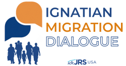 Ignatian Migration Dialogue Webinar Series. A graphic with two conversation bubbles, and a group of migrants walking towards them. The JRS/USA logo is at the bottom.