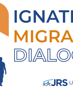 Ignatian Migration Dialogue Webinar Series. A graphic with two conversation bubbles, and a group of migrants walking towards them. The JRS/USA logo is at the bottom.