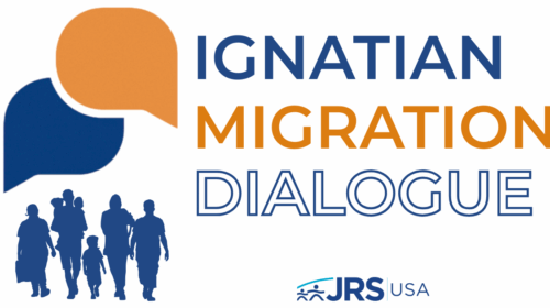 Ignatian Migration Dialogue Webinar Series. A graphic with two conversation bubbles, and a group of migrants walking towards them. The JRS/USA logo is at the bottom.