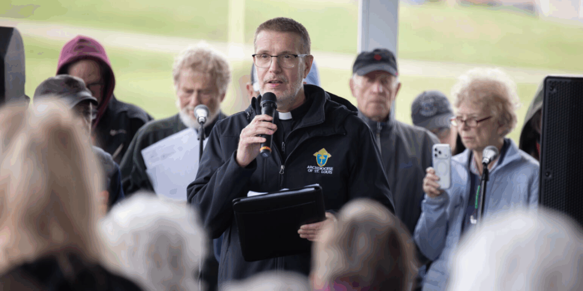 Fr. Scott Jones spoke at a prayer vigil March 7 2026, Sponsors included the Archdiocese of St. Louis.